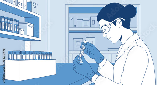 Scientist in Lab Coat and Goggles Working with Test Tubes in Laboratory