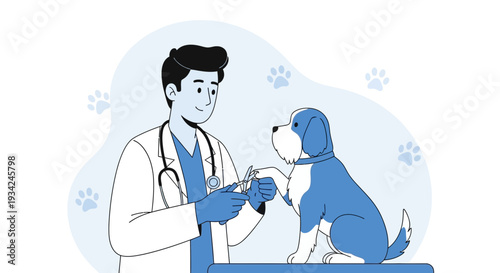 Veterinarian caring for a dog, trimming nails in a clinic, pet health concept