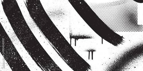 Bold black brush strokes and spray paint textures create a dramatic, abstract monochrome background with grainy effect