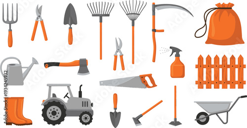Gardening Tools Collection with Rake, Shovel, Pruners, Watering Can, Wheelbarrow and Tractor Cartoon Vector Illustration Set