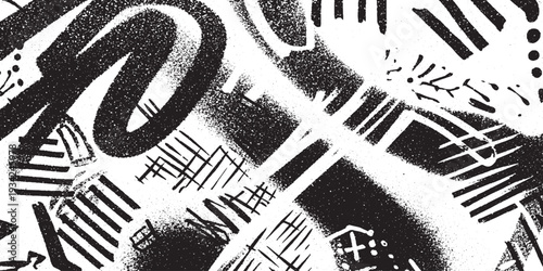 Energetic abstract art with black spray paint splatters, lines, and graffiti-style markings on a textured white background