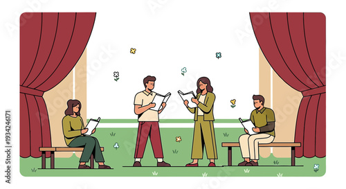 Theater Rehearsal: Actors Reading Scripts on Stage