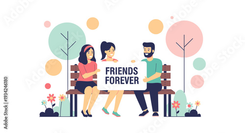 Three Friends Sitting on Park Bench Holding "Friends Forever" Sign - Friendship Concept