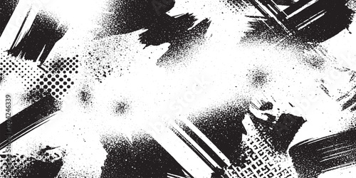 Distressed black and white abstract background with paint splatters, halftone dots and rough brush strokes