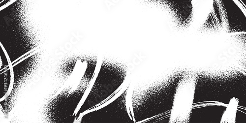 Minimalist black and white abstract background with flowing white brush strokes on textured dark spray paint