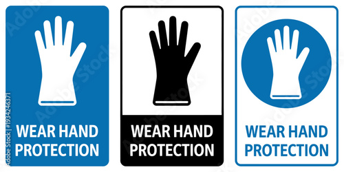 Three different safety signs for wearing hand protection gloves