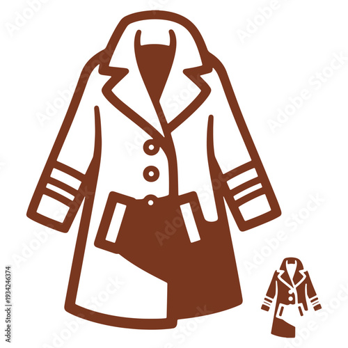 Stylized winter coat illustration in brown with decorative stripes and pockets providing fashion and apparel concept art