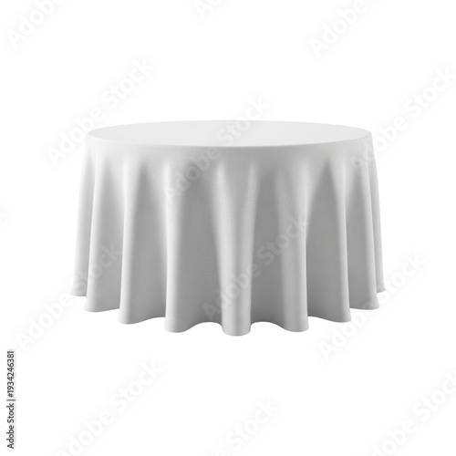 Round Table Covered with a Textured White Fabric Tablecloth isolated on a transparent background