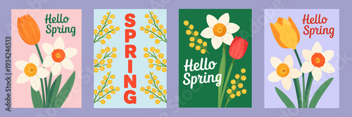 Collection of colorful spring posters with flowers and hello spring messages