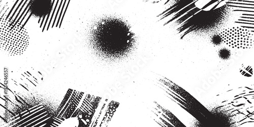 Black and white abstract background with bold, scratchy brush strokes, spray paint effect and gritty texture