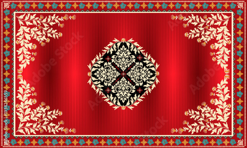 Elegant floral rug pattern with ornate central medallion and decorative borders in rich red tones. Inspired by classic oriental carpets, ideal for textiles, wallpapers, interiors, and luxury decorativ