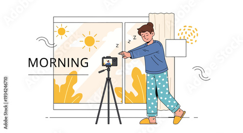 Tired Person Filming Morning Routine with Camera on Tripod