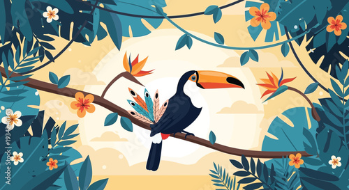 Toucan Bird on Branch with Tropical Leaves and Flowers, Exotic Jungle Scene