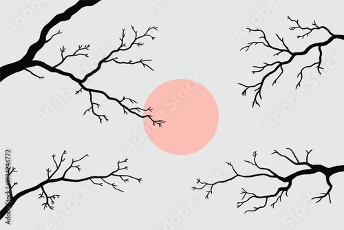 Minimalist Bare Tree Branches with Pink Sun Illustration, Artistic Nature Concept