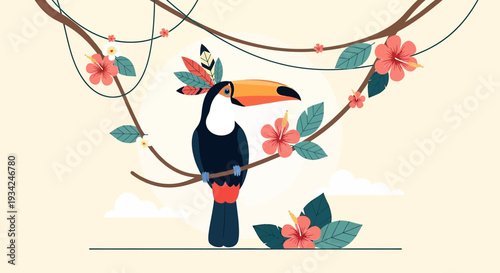 Toucan Bird Perched on Branch with Tropical Flowers and Vines