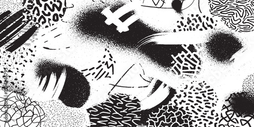 Energetic black and white abstract background with diverse textures, brush strokes, and graphic marks