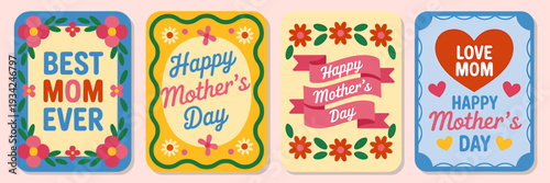 Mothers Day greeting cards with colorful flowers and hearts on pink background