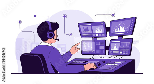 Trader Analyzing Stock Market Data on Multiple Monitors