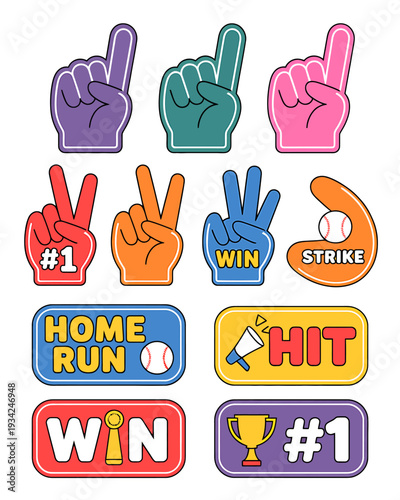 Colorful baseball sports icons and foam fingers on white background