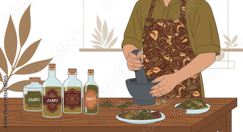 Traditional Jamu Preparation: Herbal Medicine Making with Mortar and Pestle
