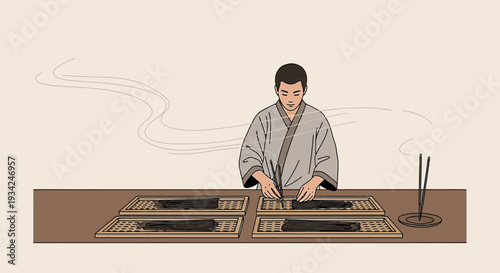 Traditional Japanese Craftsman Creating Incense Sticks by Hand