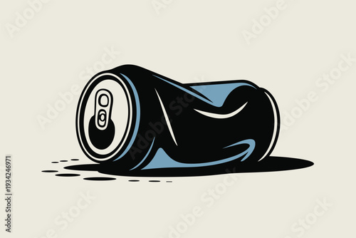 Crushed Soda Can with Spilled Liquid Illustration, Waste Management Concept