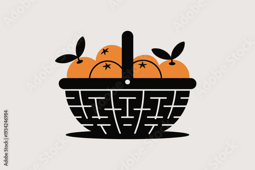 Basket of Fresh Oranges with Green Leaves, Organic Fruit Concept