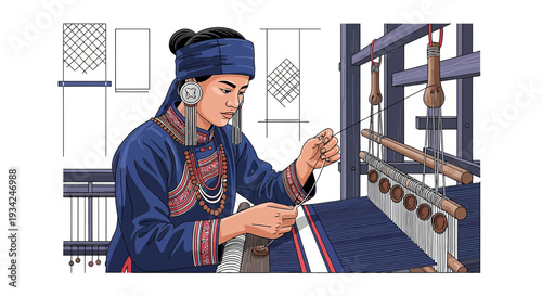 Traditional Weaver Woman Working on Loom, Ethnic Craftsmanship