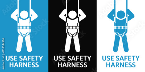 Safety harness signs with warning messages on different backgrounds