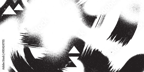 Abstract black brush strokes and geometric triangle shapes on a gritty white background, artistic design.