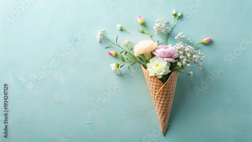 A Delicate Arrangement of Pastel Blooms in a Crispy Waffle Cone on a Soft Aqua Background