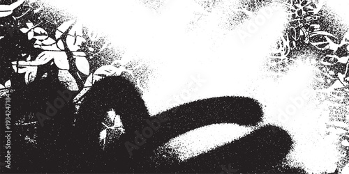 Textured black and white abstract background with organic shapes, splatters, and blurred elements.