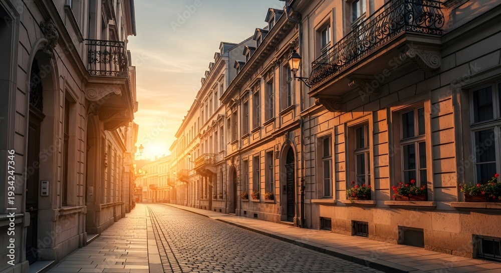 Fototapeta premium Charming European Cobblestone Street with Historic Architecture at Sunrise