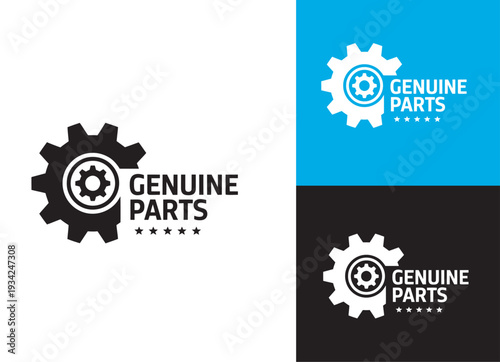 100 percent guarantee genuine parts label, circular vector with gear, icon, logo, seal, badge, stamp, sticker, emblem