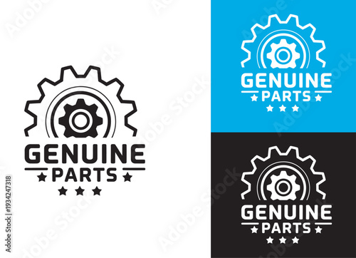 Foto 100 percent guarantee genuine parts label, round gear vector emblem, logo, icon,