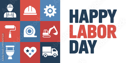 Labor Day celebration with various work related icons and symbols on white background