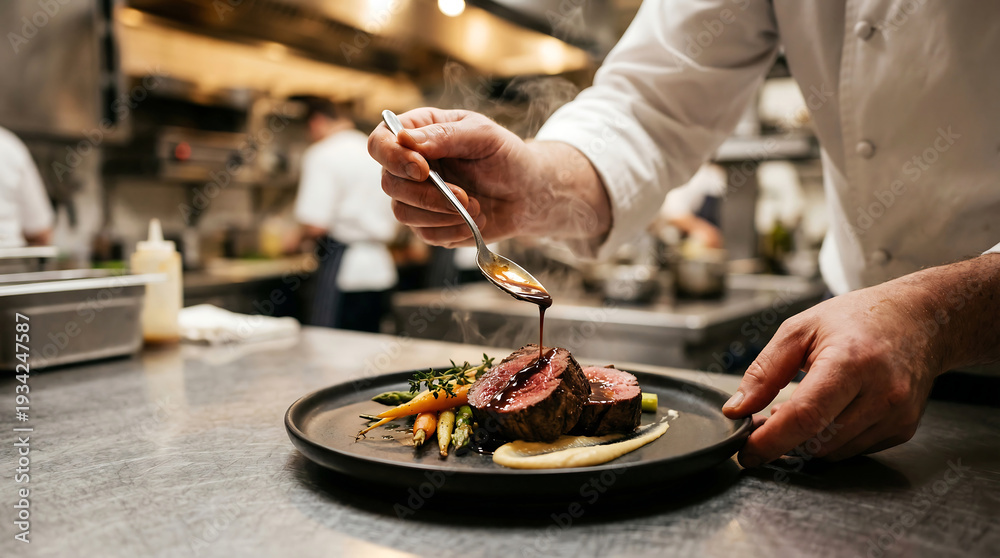Fototapeta premium Culinary Precision: A skilled chef meticulously drizzles a flavorful sauce onto a beautifully plated dish, showcasing culinary expertise and attention to detail within a professional kitchen.
