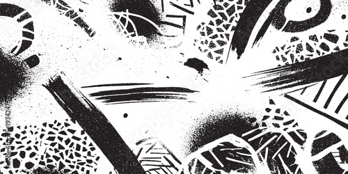 Dynamic black and white abstract background with graffiti art, spray paint, and textured elements