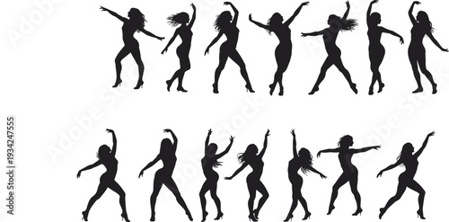 Black silhouettes of female dancers in dynamic expressive poses with extended arms and legs, showcasing rhythm, choreography, and artistic movement for design and educational use