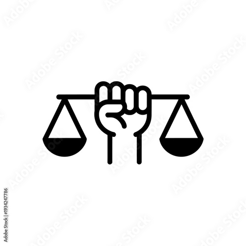 Black line art fist holding scales of justice symbol icon