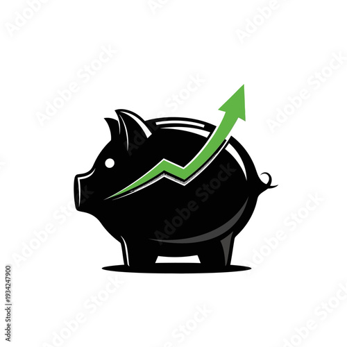 Black Piggy Bank with Green Upward Arrow Graph - Financial Growth Concept