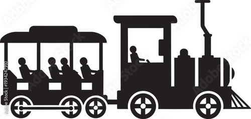 Vintage locomotive steam engine train silhouette with passengers in a carriage for travel and leisure.