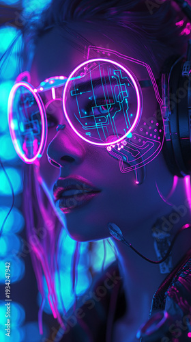 Cyberpunk Woman with Neon Round Glasses in Futuristic Techno Nightclub