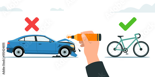 Hand holding spray can comparing damaged blue car and green bicycle safety