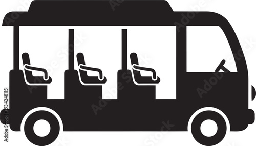 Black silhouette icon of an electric shuttle bus used for airport transport and resort sightseeing tours.