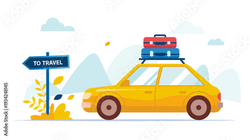 Yellow car with luggage on roof rack and to travel sign near mountain landscape