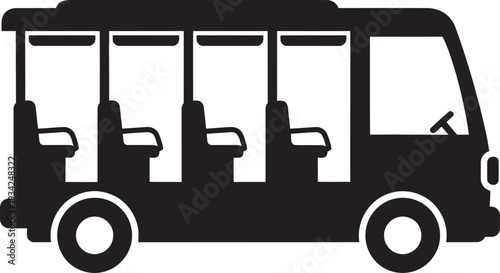 Black icon of a multi passenger shuttle bus for airport transfer or tourist sightseeing transportation.