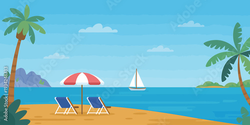 Beach scene with palm trees and sailboat on calm ocean water