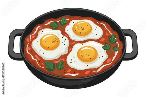 Fried eggs in a black pan with tomato sauce and herbs on white background