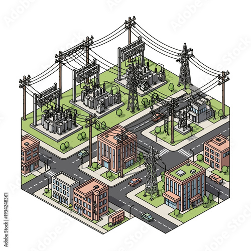 Isometric illustration of an electrical substation with power lines and buildings.